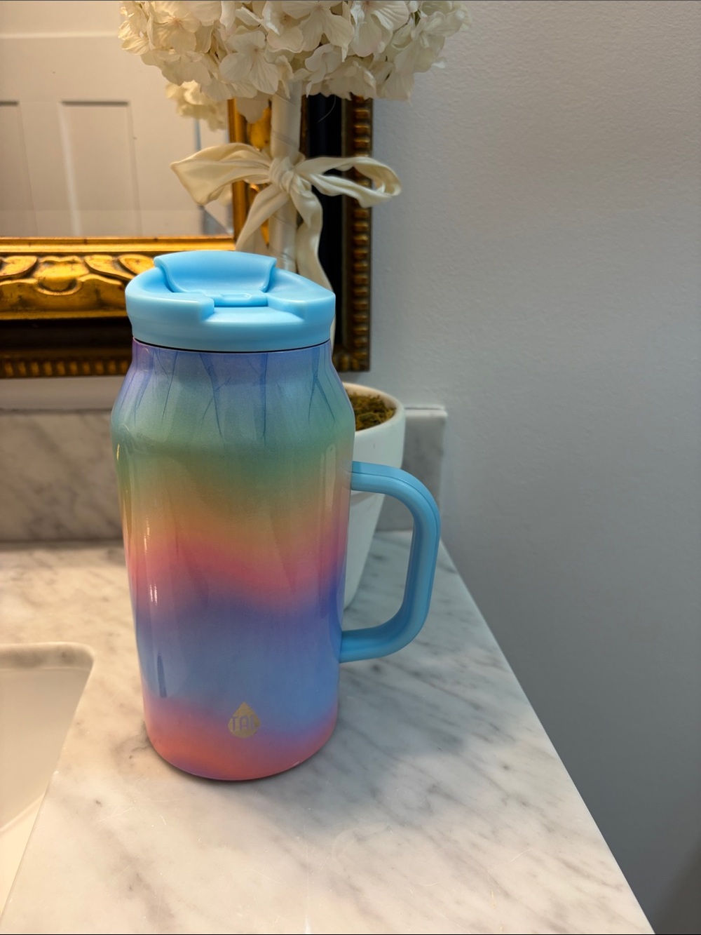 TAL 40 oz Rainbow Gradient Travel Mug with Light Blue Lid and Handle